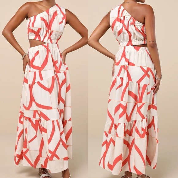 Yasmin White and Coral Abstract Linen One-Shoulder Maxi Dress - Picture 1 of 1